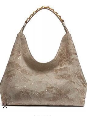Donna Karan NWT Bellmore Beige Embroidered Floral Hobo Bag